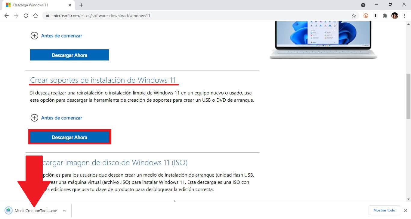 como descargar media creation tool para crear una memoria USB de arranque con windows 11