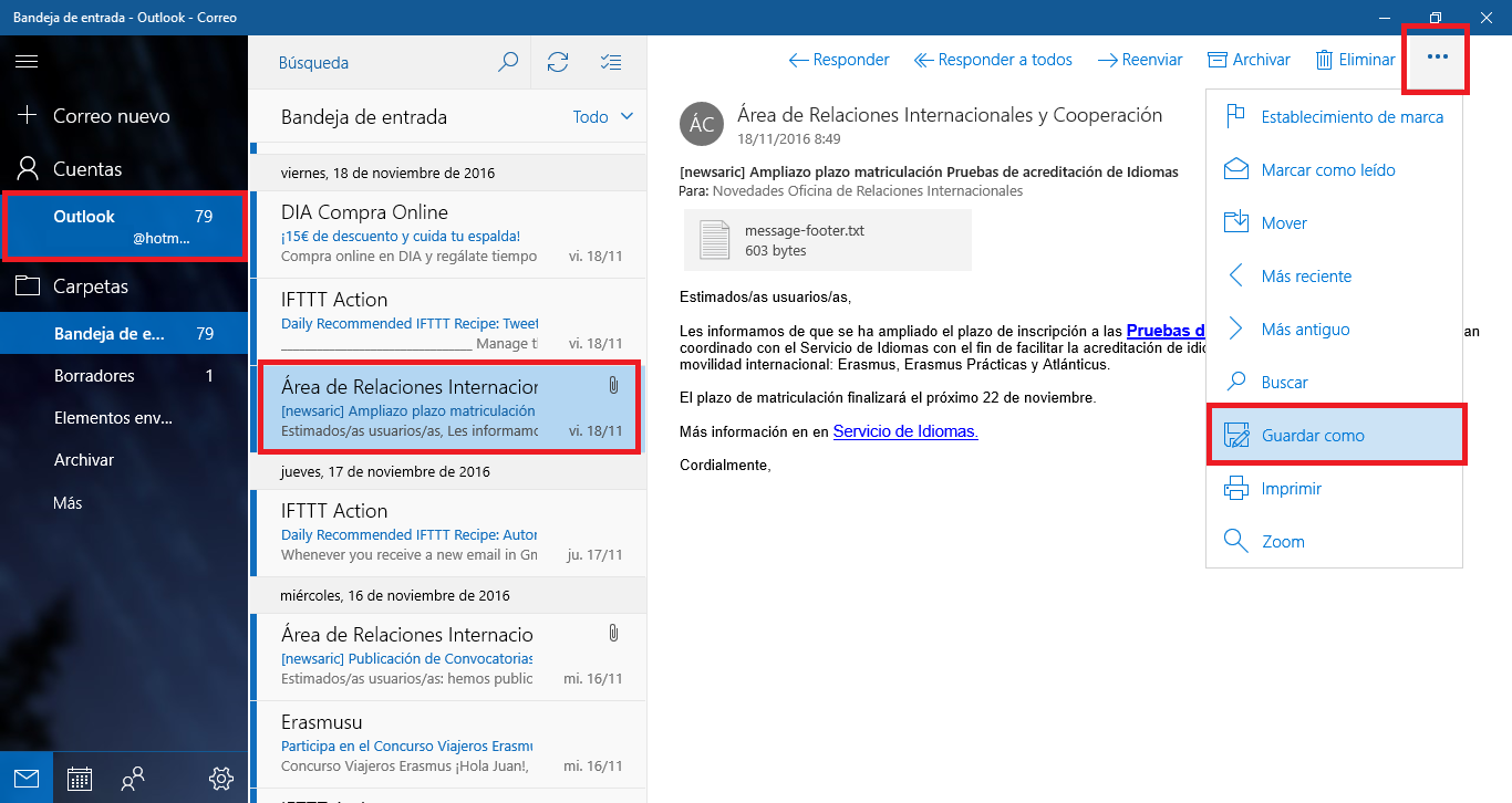 guardar localmente mensajes de correo electronico en Windows 10