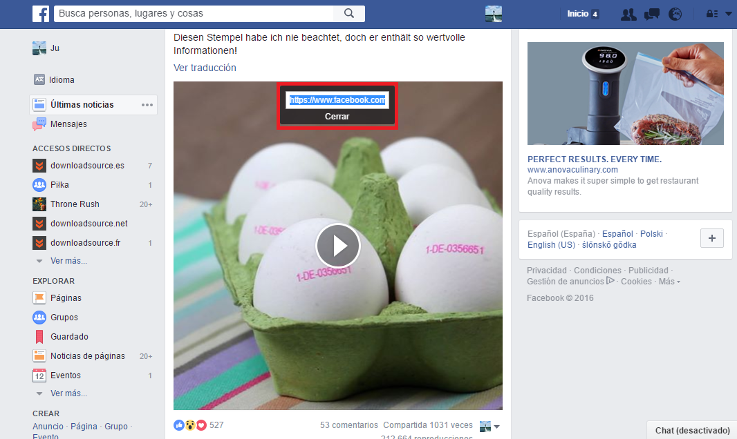 comparte los videos de facebook en otras redes sociales, correo electronico, Skype o Whatsapp mediante URL