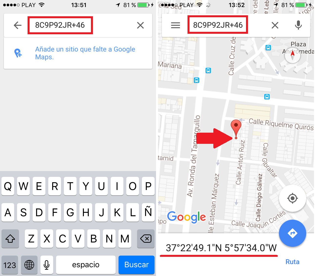 usar codigo plus para compartir ubicaciones en Google Maps