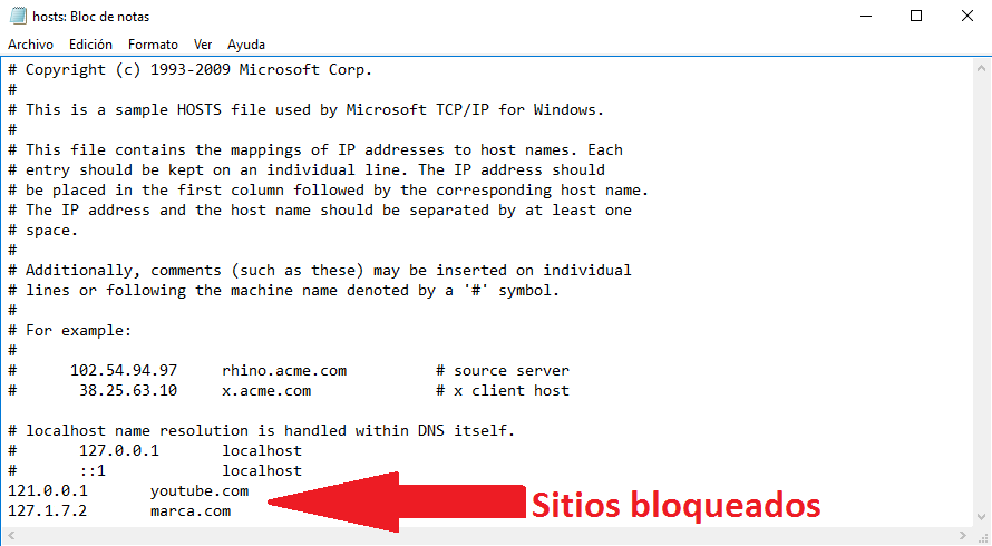 Como modificar y editar el archivo hosts de Windows 10, 8 u 7. (Crear lista negra de Web)