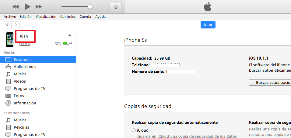 modificar el nombre de dispositivo iOS desde iTunes