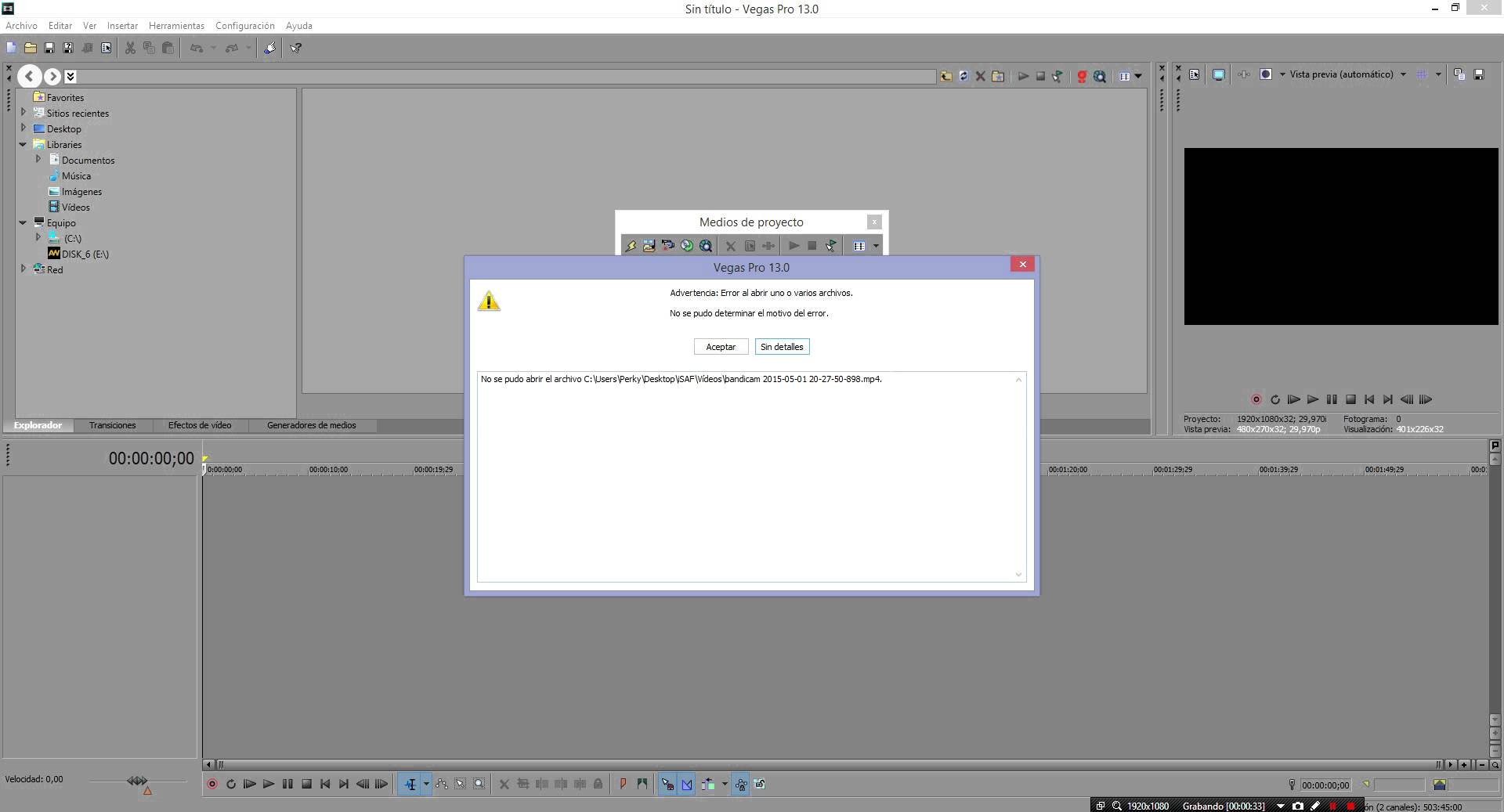 error al abrir video mp4 en sony vegas