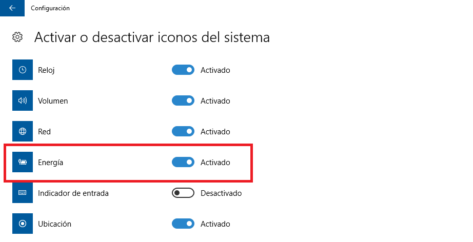 restaruar el icono del nivel de batería en la barra de tareas de Windows 10