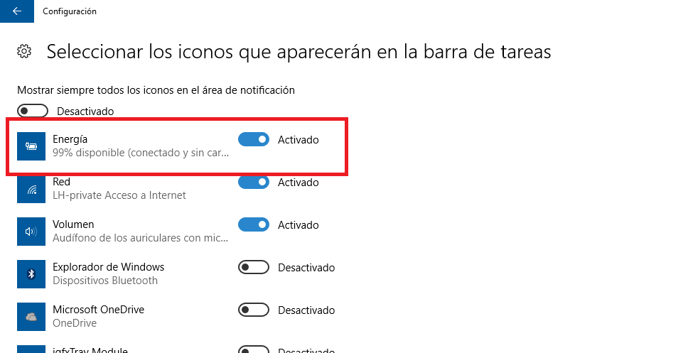 windows 10 no muestra el icono de la barra de tareas