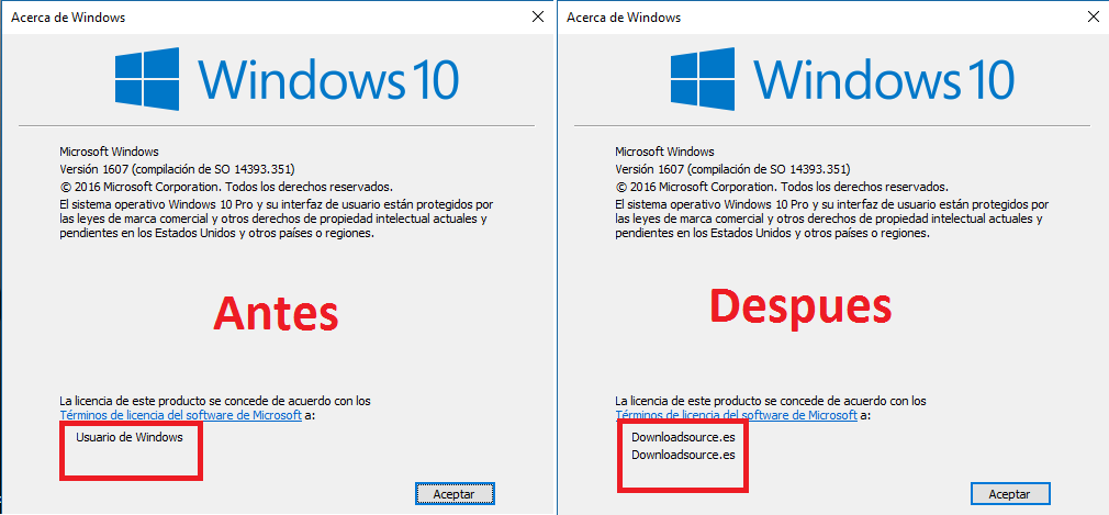 nombre de propiedad y organizacion cambiado en windows 10