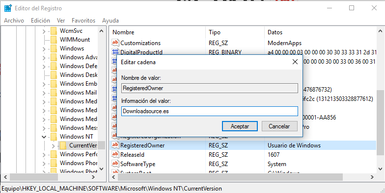 modificar el nombre de propietario y organización del windows 10 de tu ordenador