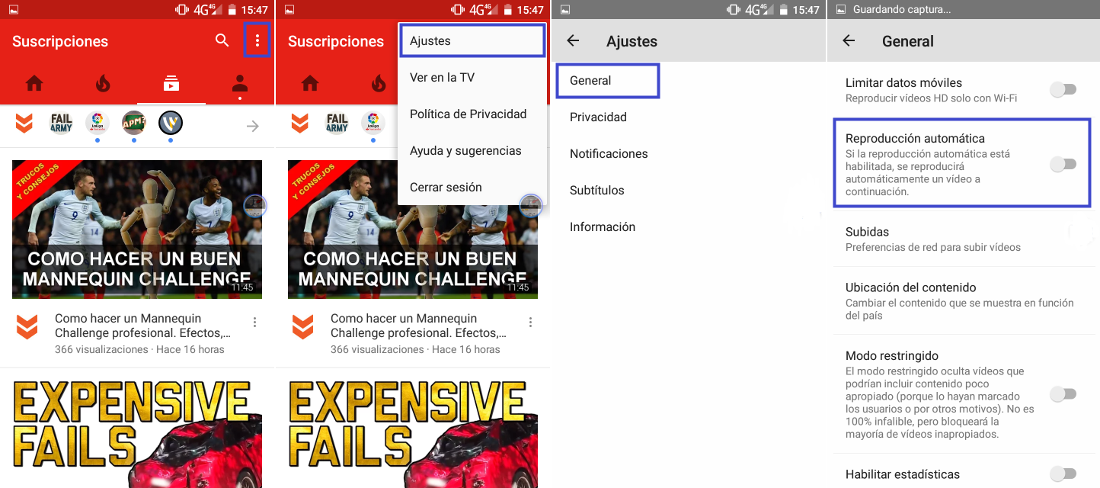 deshabilita la reproducción automática de youtube en la app oficial