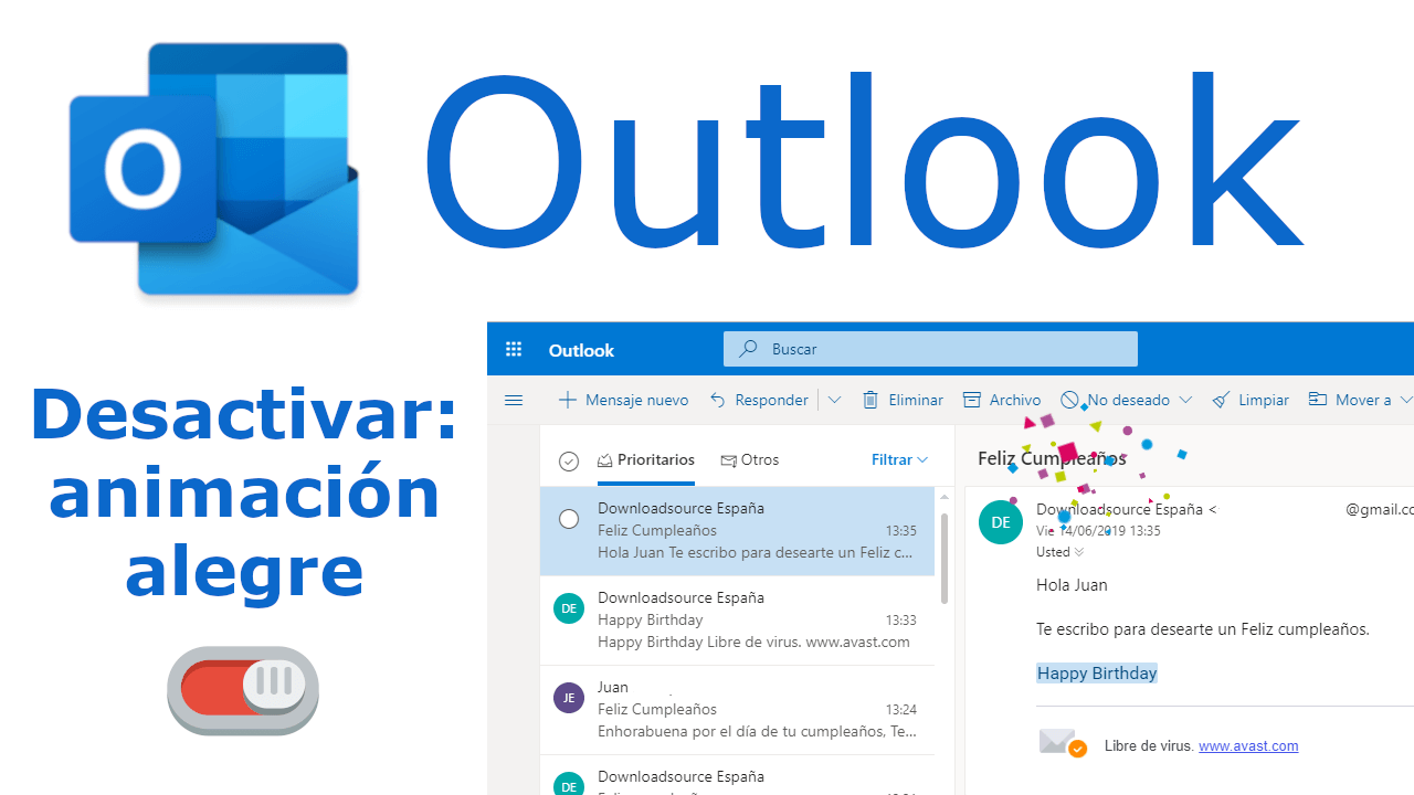 como desactivar la animación alegría de Outlook.