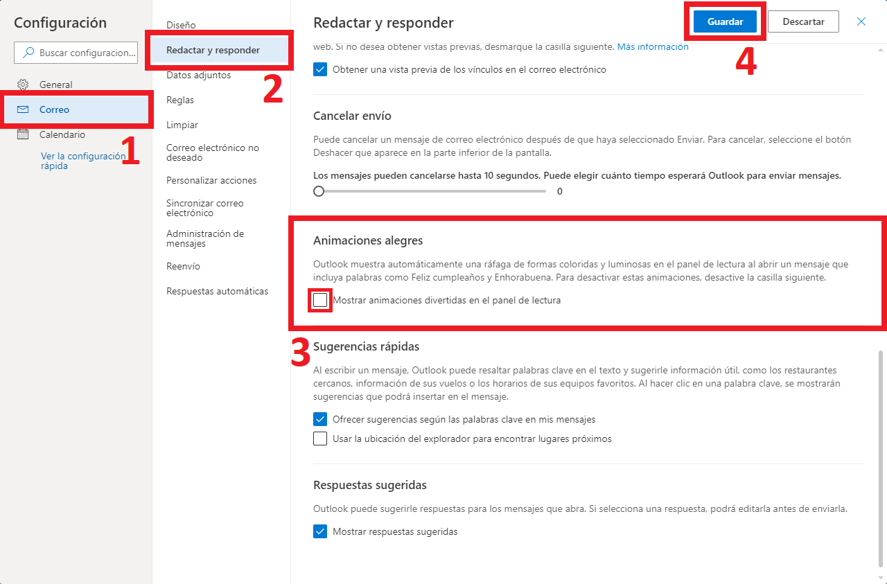 como desactivar la animación alegría del servicio de correo electrónico Outlook.