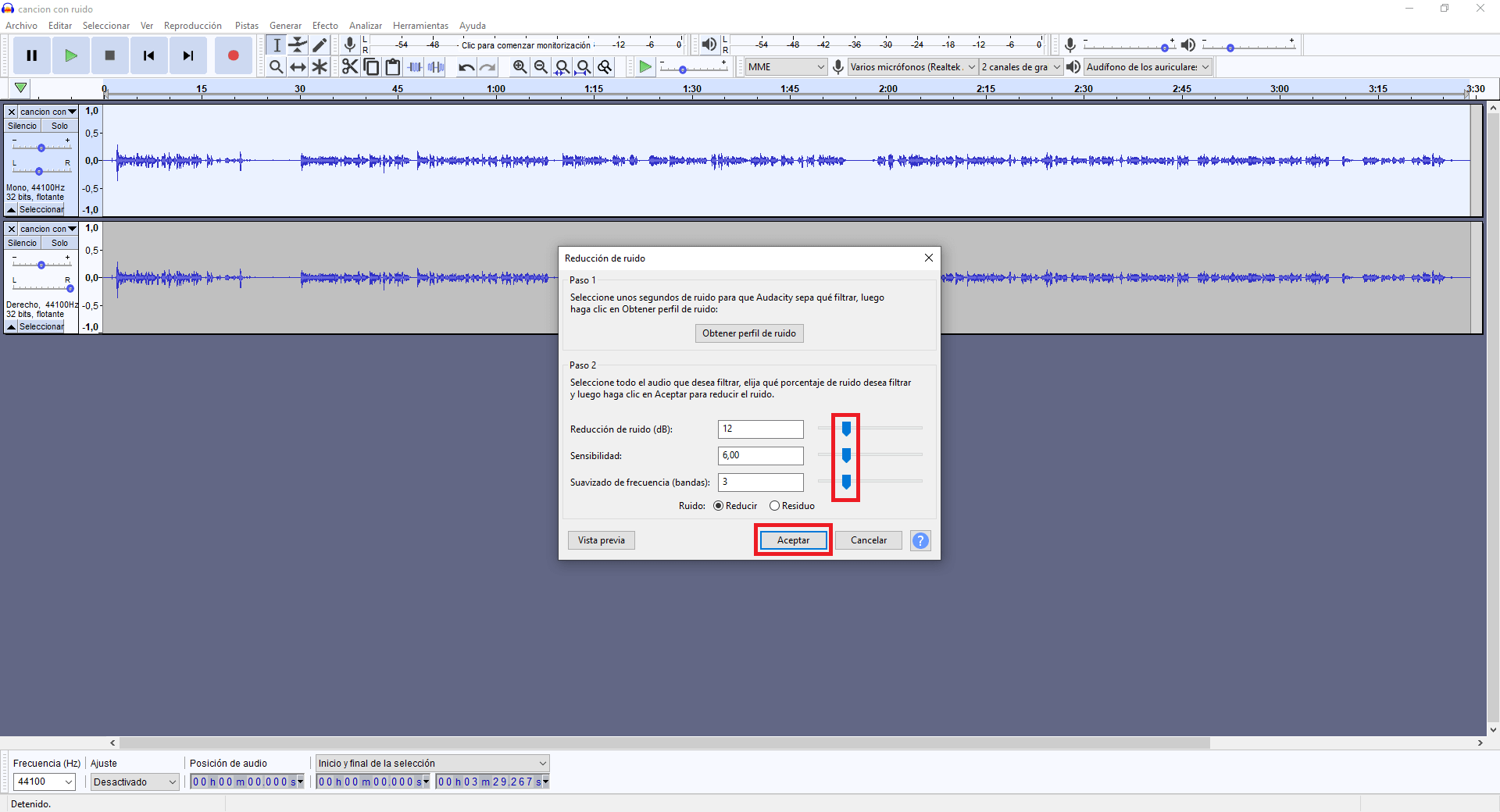 mejorar la calidad de sonido de una grabación o canción