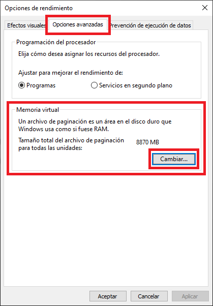 cambia el tamaño de la memoria virtual de Windows 10