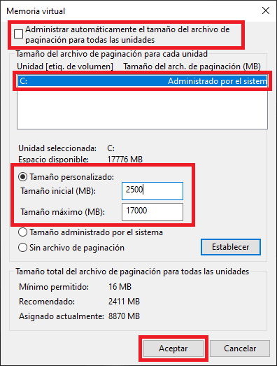 memoria virtual personalizada en Windows 10