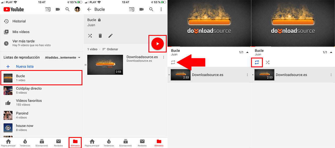 reproducir en bucle los videos de Youtube en la app