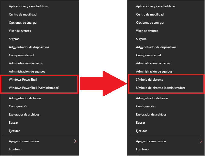 sustituir el Powershell por Simbolo del Sistema en el menu de usuario avanzado de Windows 10