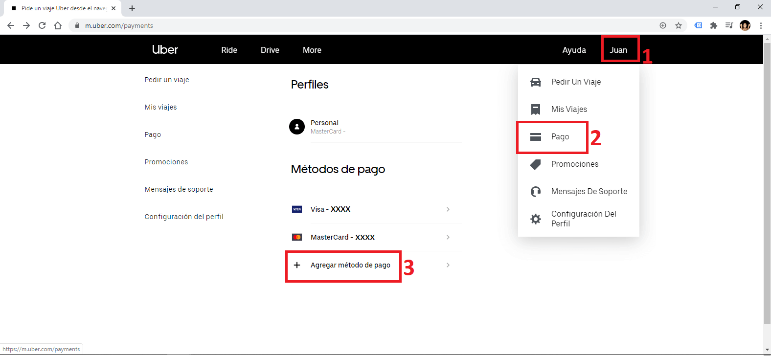 como eliminar un metodo de pago en uber