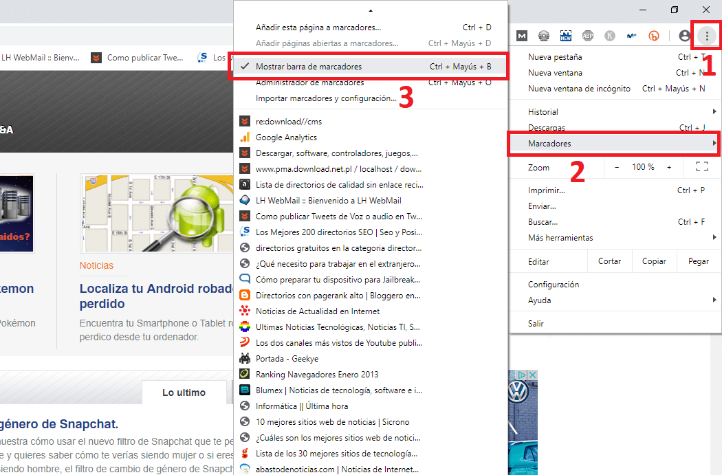 Activar desactivar barra de marcadores en Chrome y Firefox.