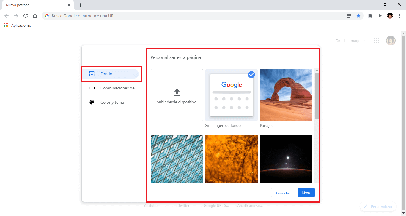 personalizar el fondo de pantalla de Google 