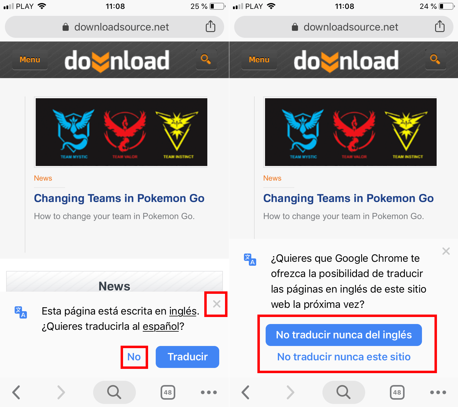 deshablitar los mensajes de traducción de sitios Webs en Chrome para iPhone o Android