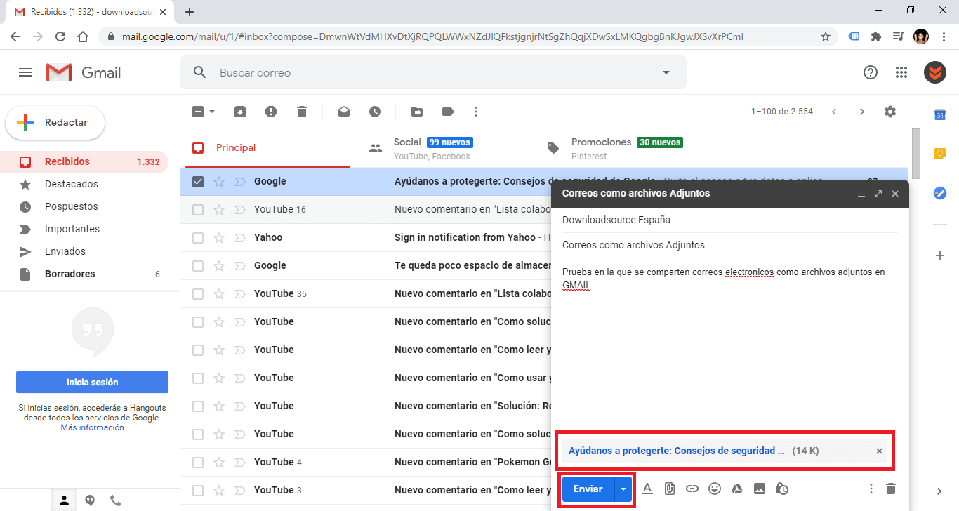 Gmail permite compartir mails como archivo adjuntos