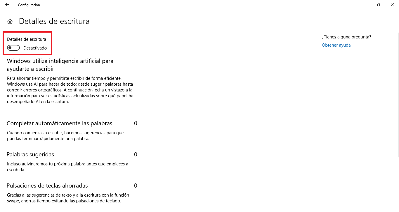 desactivar la inteligencia artificial de windows 10 para que no recopilen datos de escritura