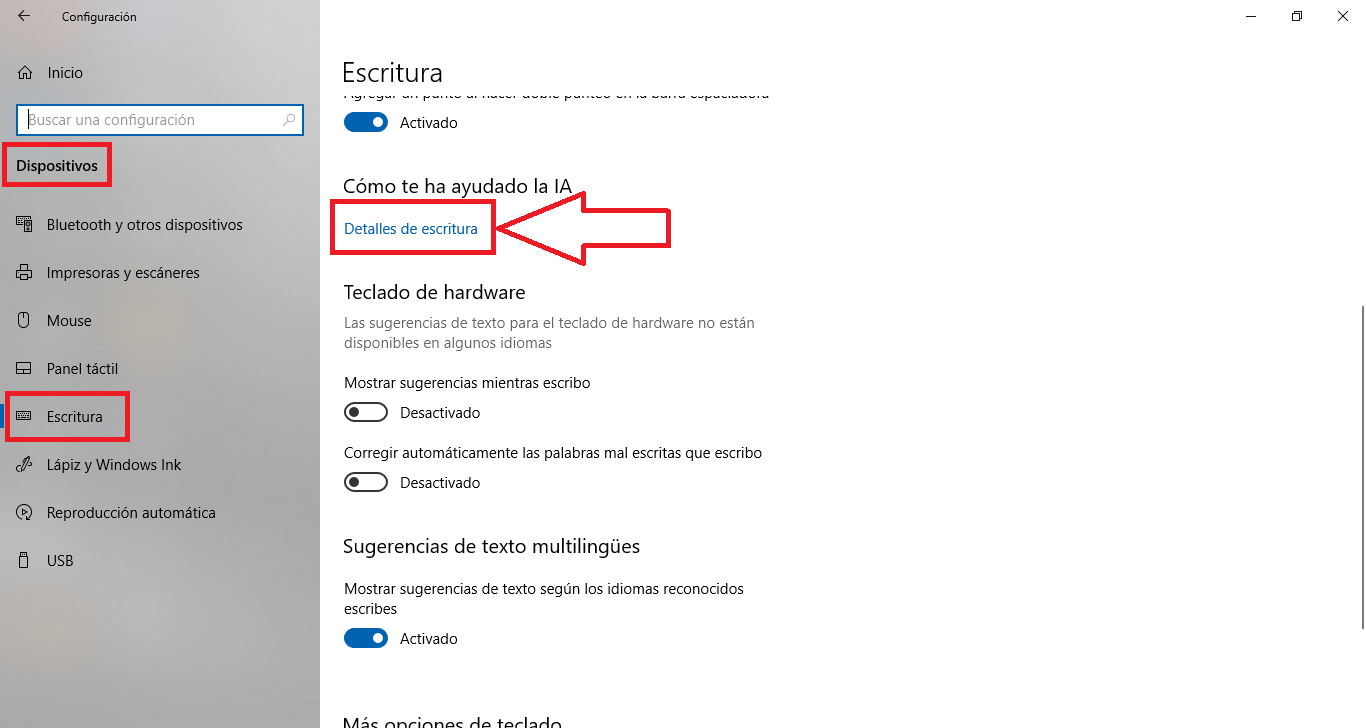 detalles de escritura de windows desactivados