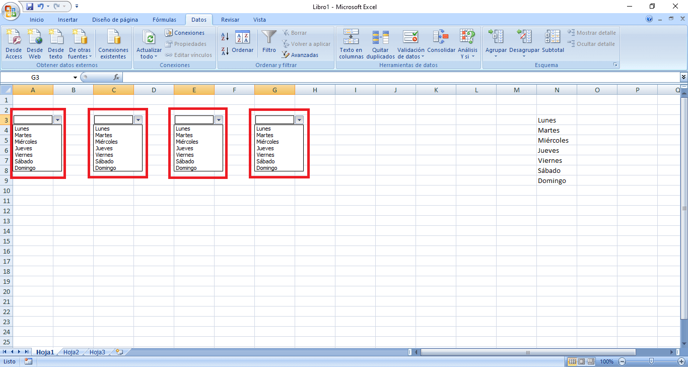 crear varias listas de opciones en Microsoft Excel