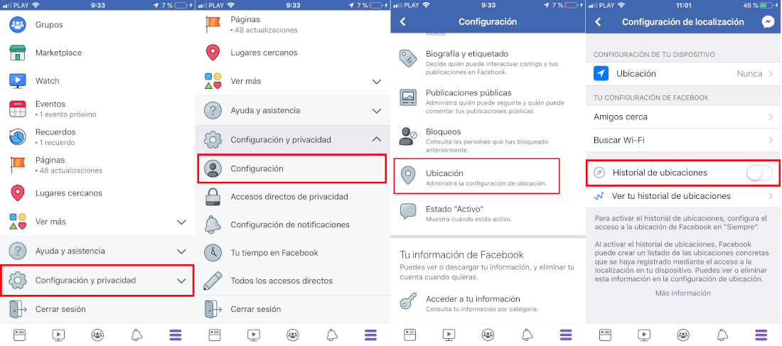 como desactivar el historial de ubicaciones de Facebook