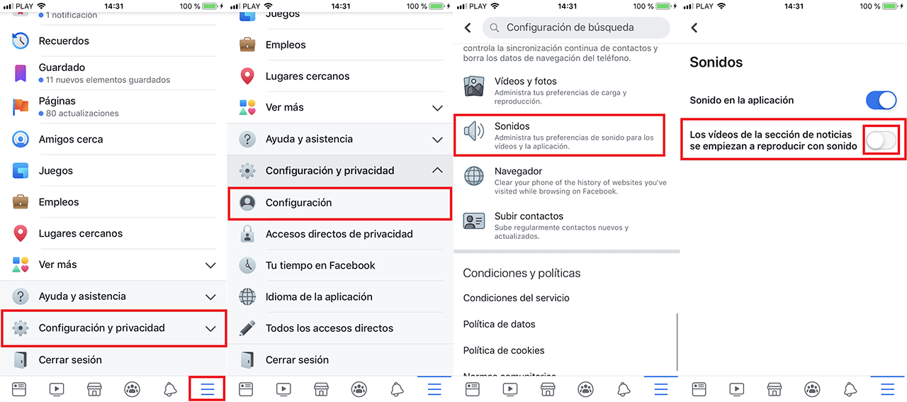 desactivar auto-play de sonido en los videos de Facebook