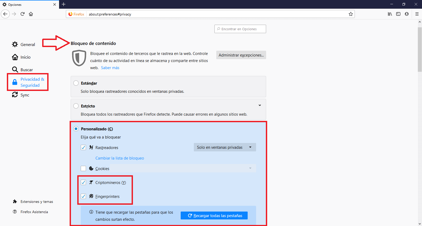 como activar la protección contra Cryptomineros y Fingerprinters en el navegador Firefox