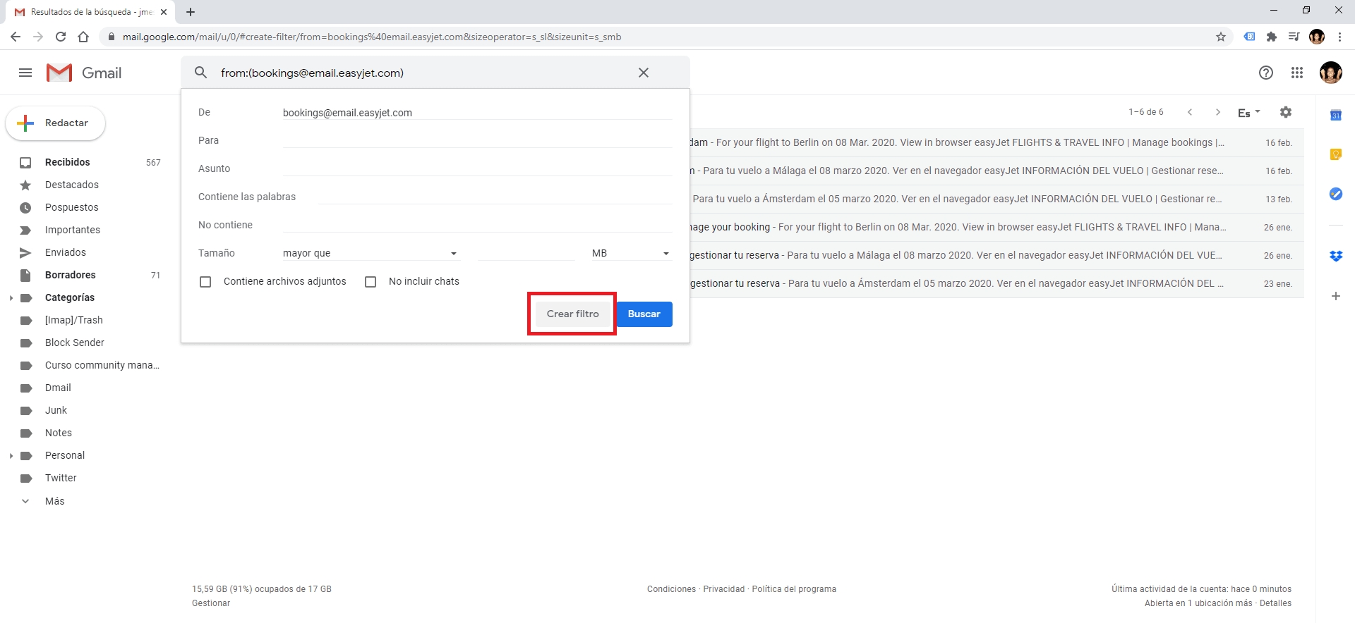 Gmail permite reenviar correos electronicos de una direccion especifica con Gmail