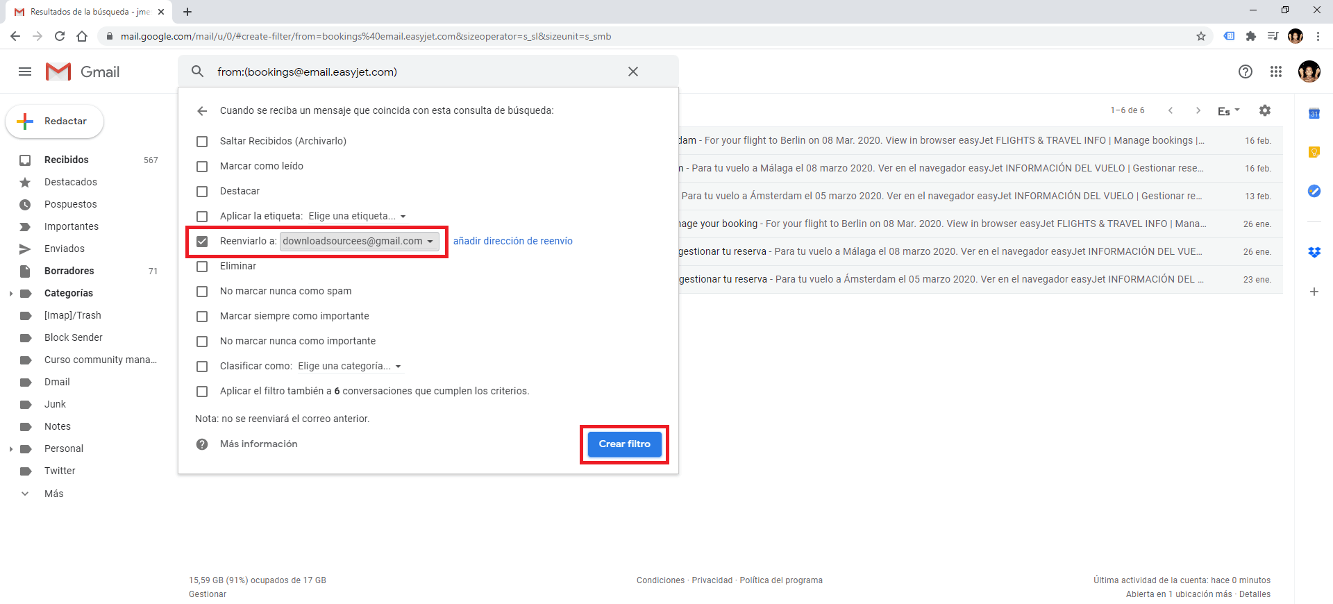 como reenviar los correos recibidos de una direccion especifica de manera automatica en Gmail