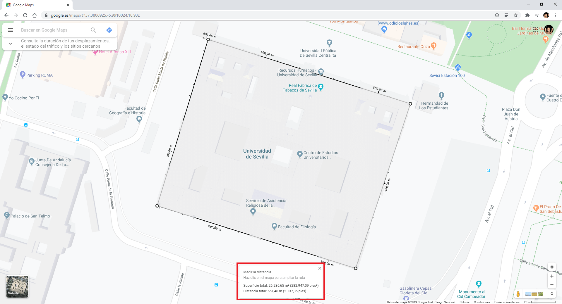 medir el area de una zona en metros cuadrados desde google maps
