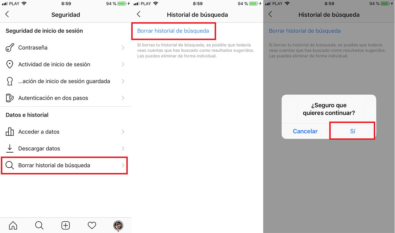 borrar por completo el historial de busqueda de Instagram