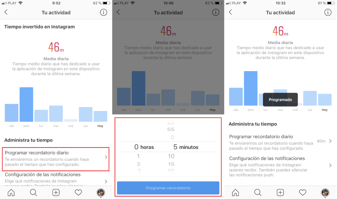 activar el recordatorio de tiempo de uso en Instagram