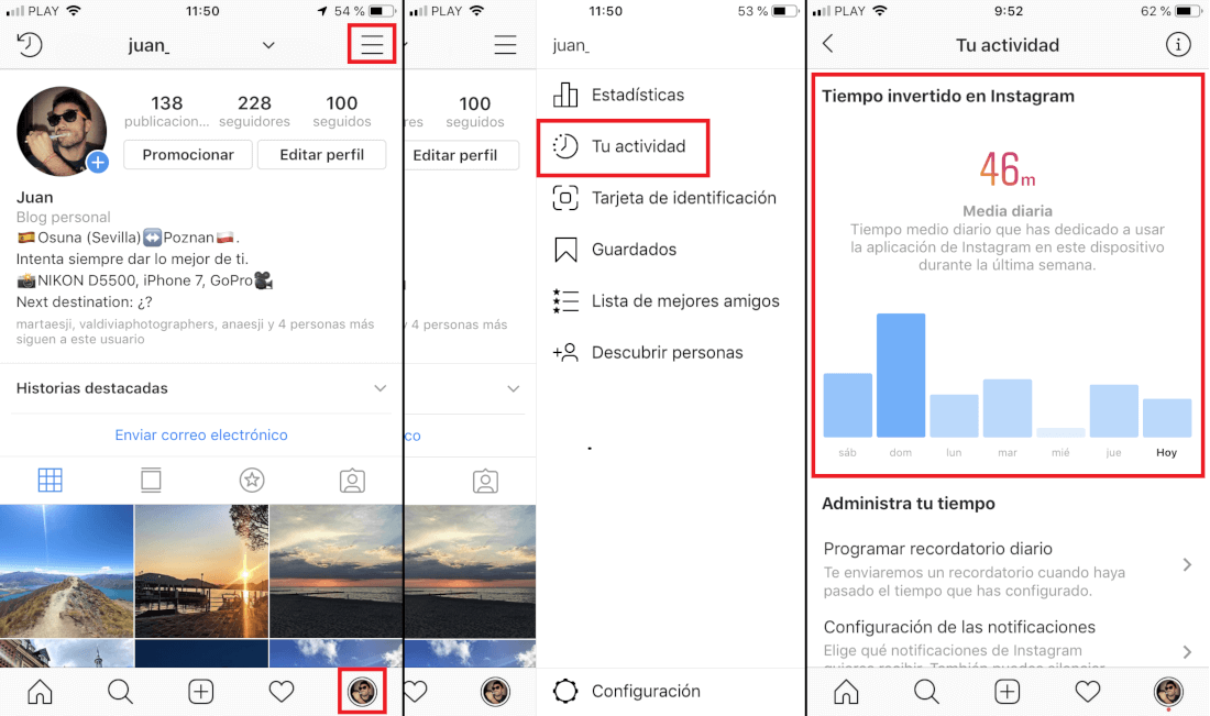 saber el tiempo exacto que pasas en Instagram