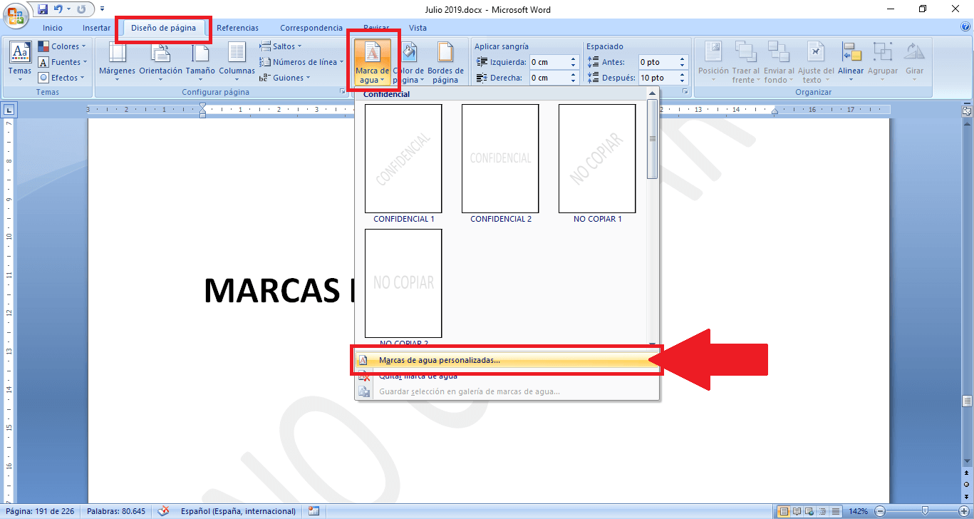 añade marcas de agua a los documentos de Word