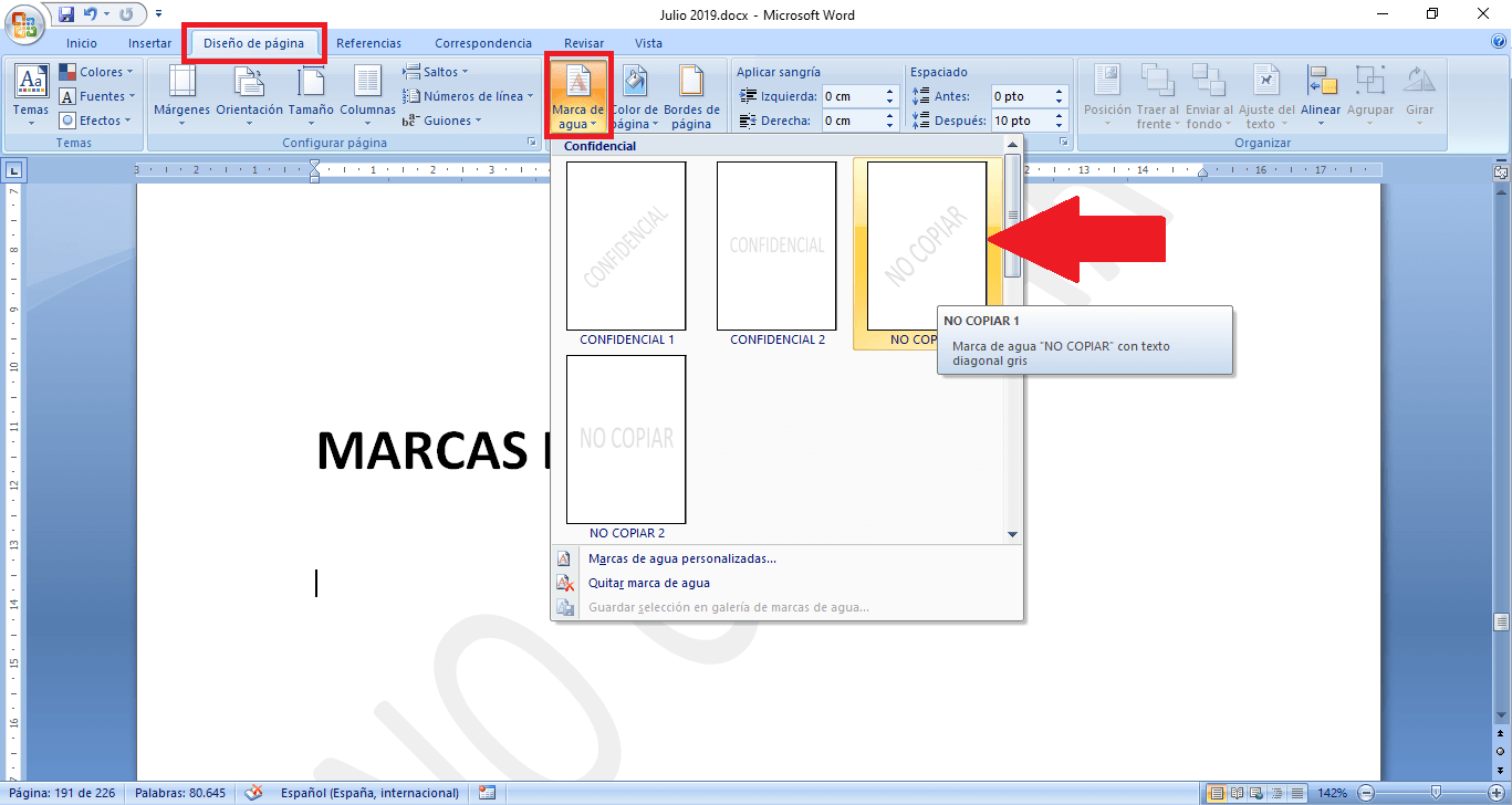 marca de aguas en documentos de word de Microsoft