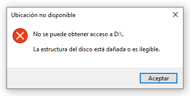 Solución: No se puede obtener acceso a “Unidad”. La estructura del disco está dañada o es ilegible.