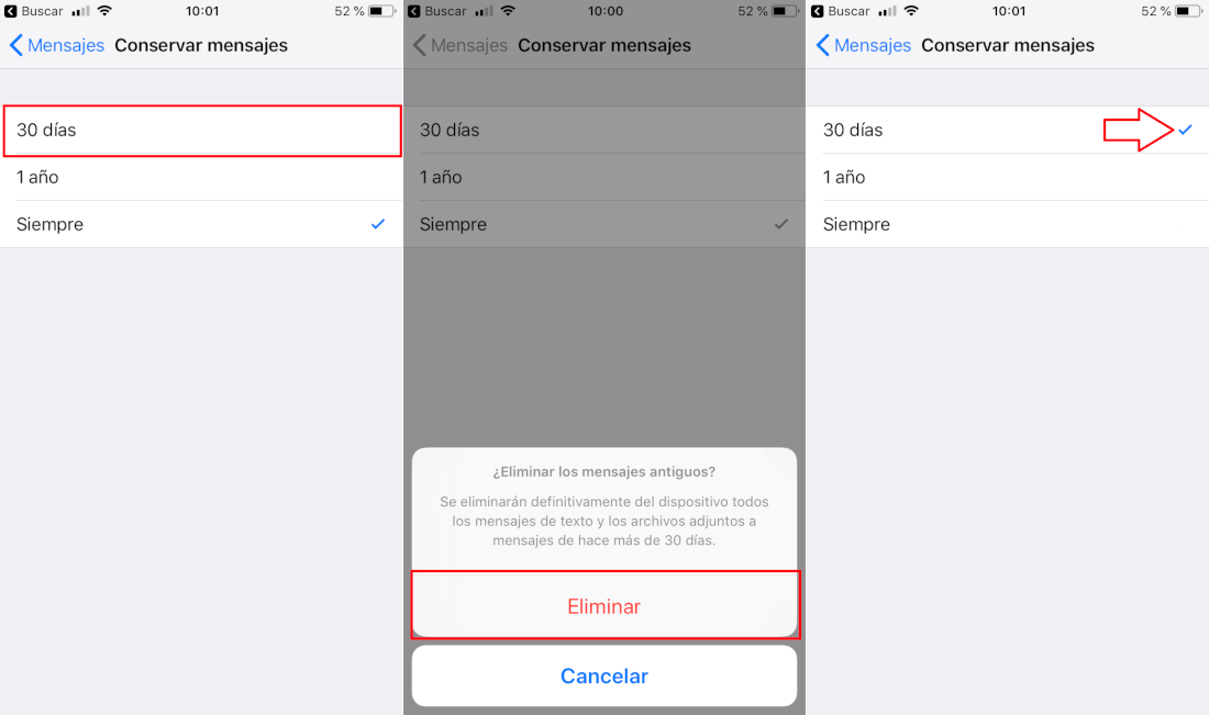 activar la opción que solo te permite borrar mensajes de tu iPhone de manera manual
