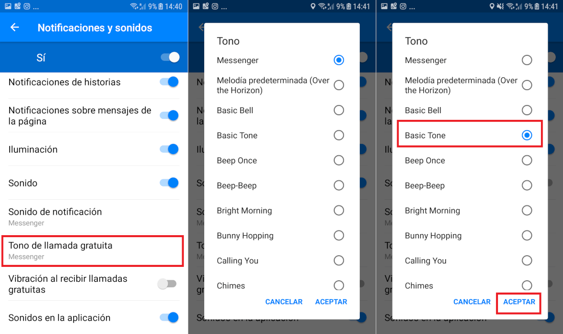 personalizar el sonido de Messenger