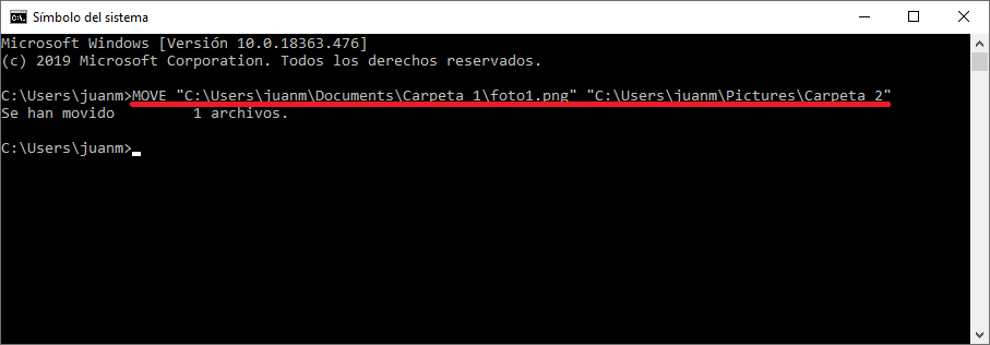 usar el cmd para mover archivos entre carpetas de windows usando cmd