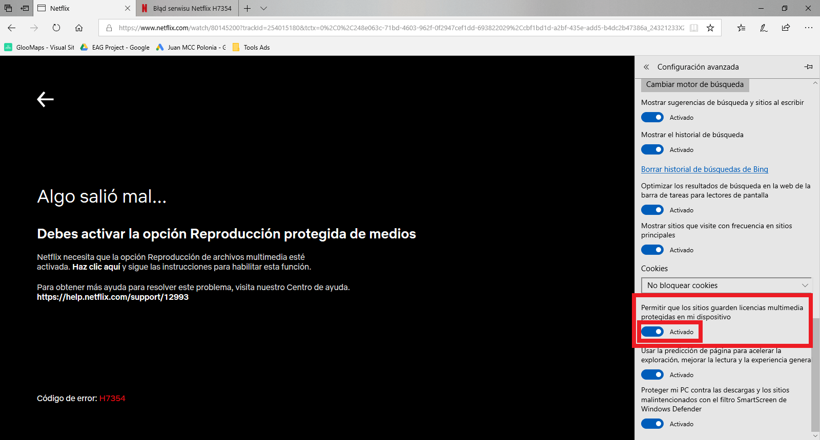 Netflix en Microsoft Edge muestra Error H7354 Reproducción Protegido de Medios