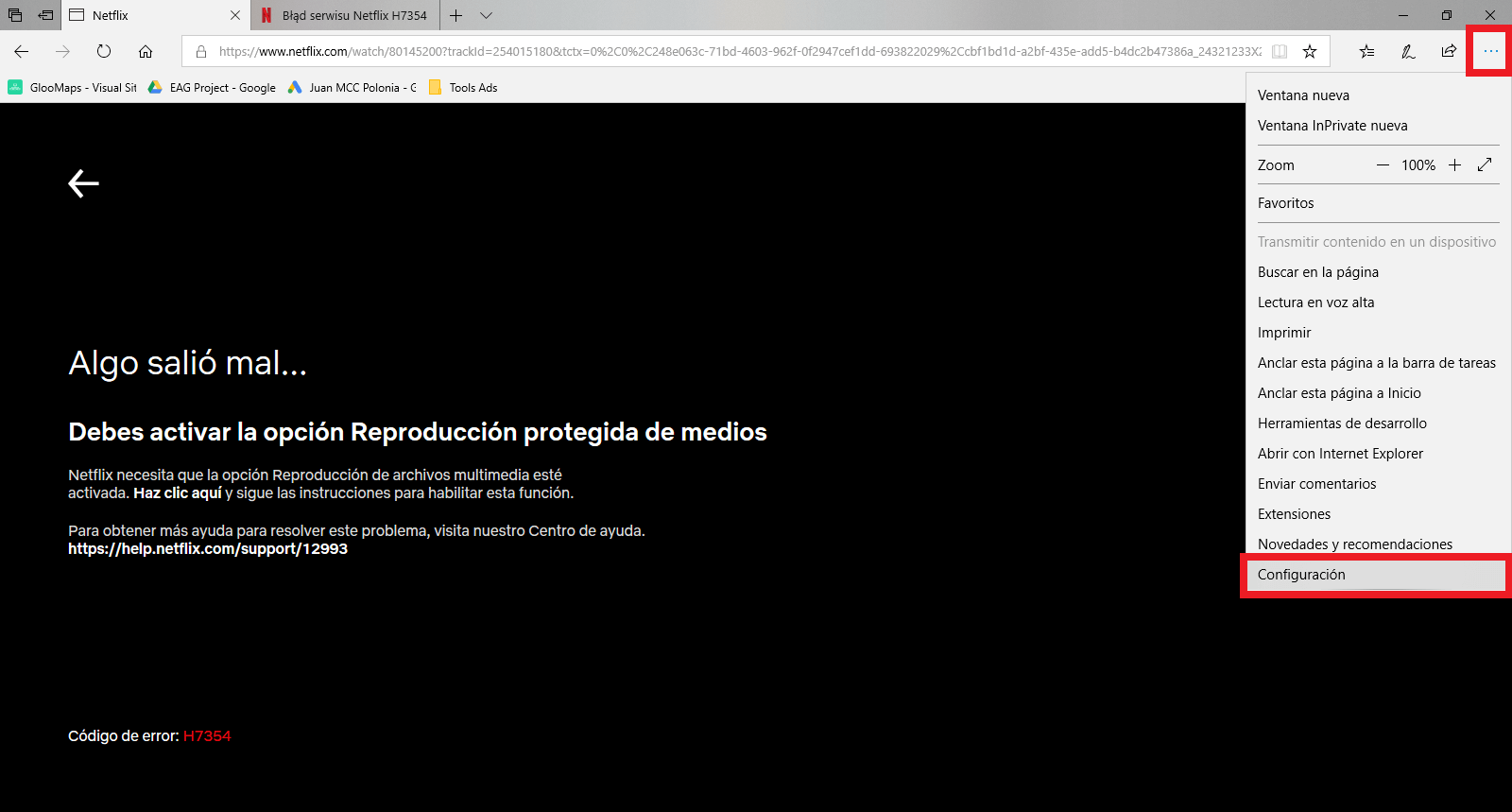 Reproducción Protegido de Medios. Error H7354 en Netflix