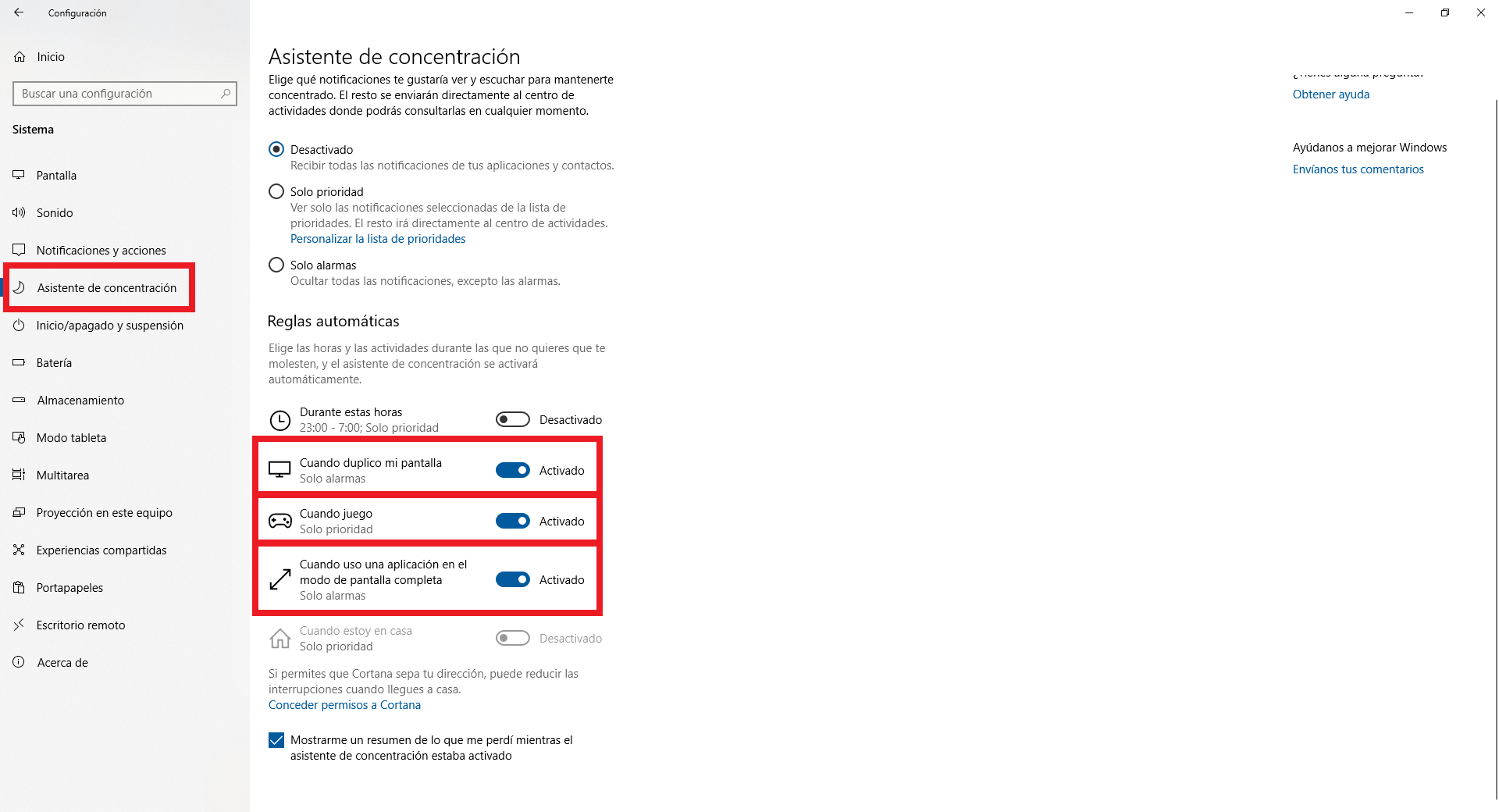 desactivar notificaicones específicas cuando juegues o veas peliculas en Windows 10