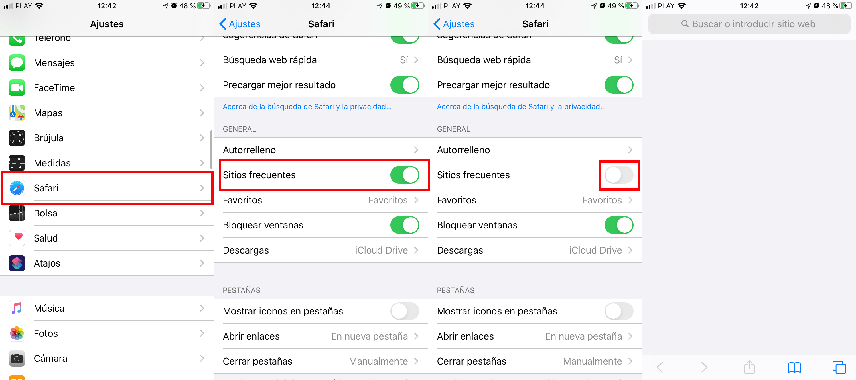 Desactivar la sección de visitas frecuentes en safari para iPhone o ipad