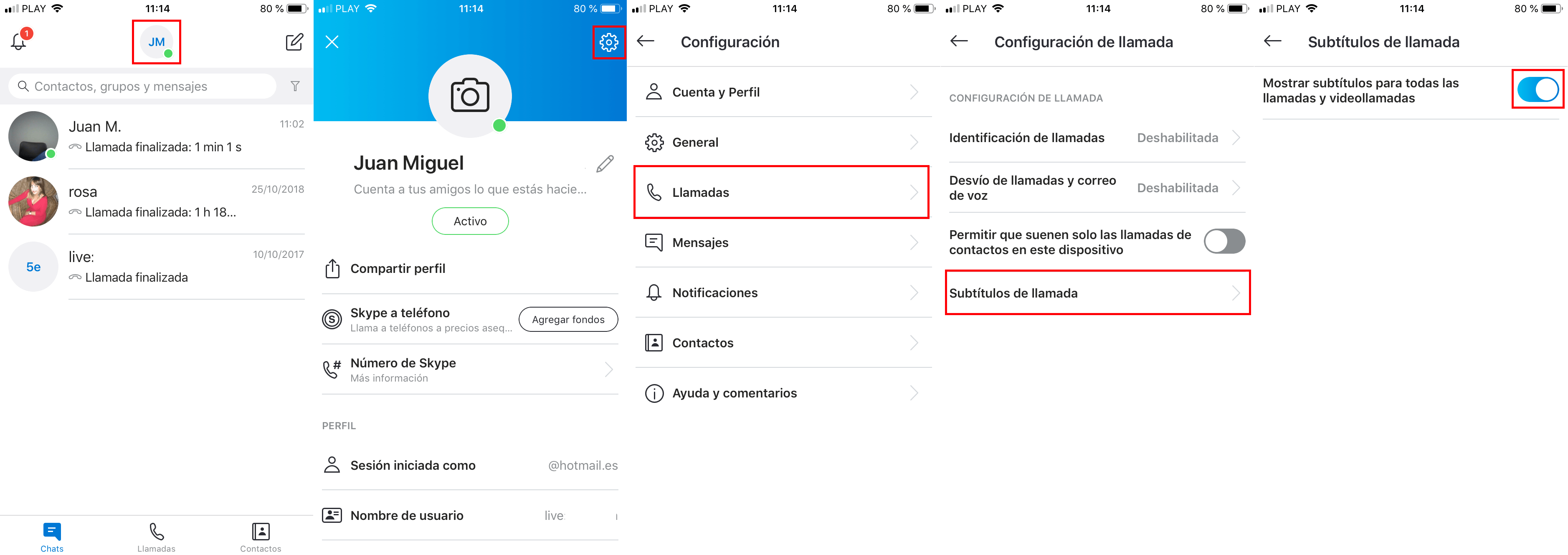 Los subtitulos de skype desde la app movil