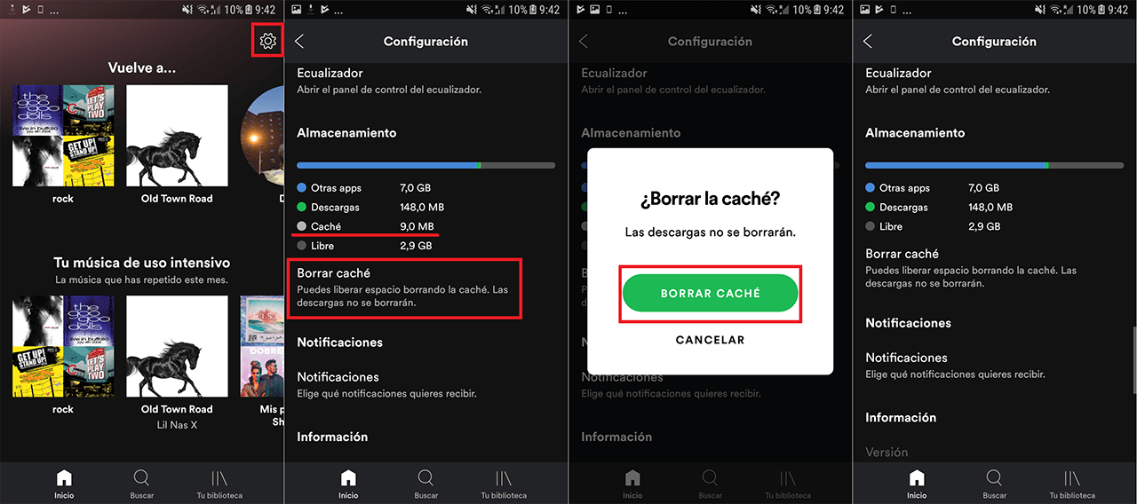 como borrar la cache de spotify en Android