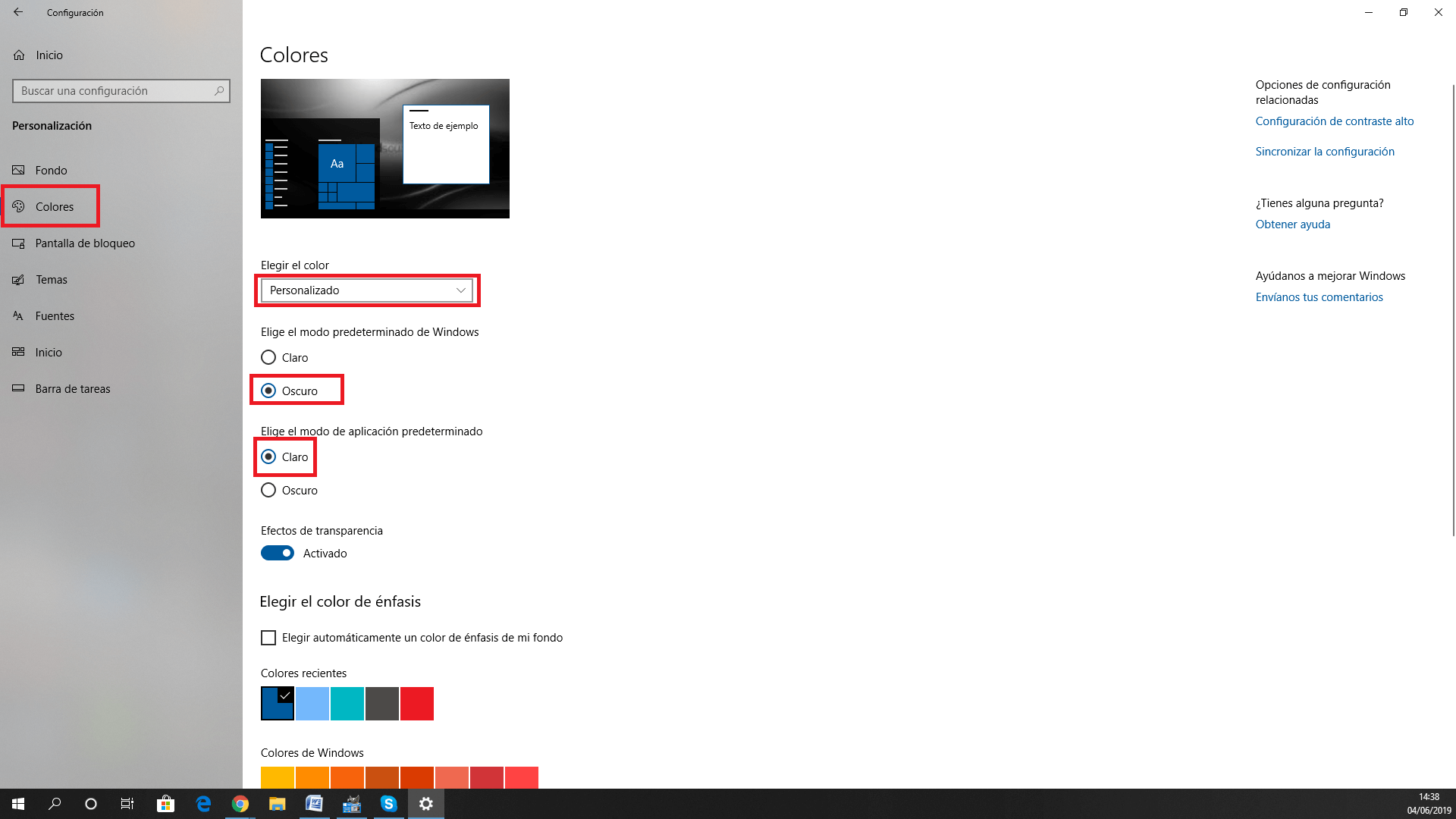 como activar el fondo claro de windows 10