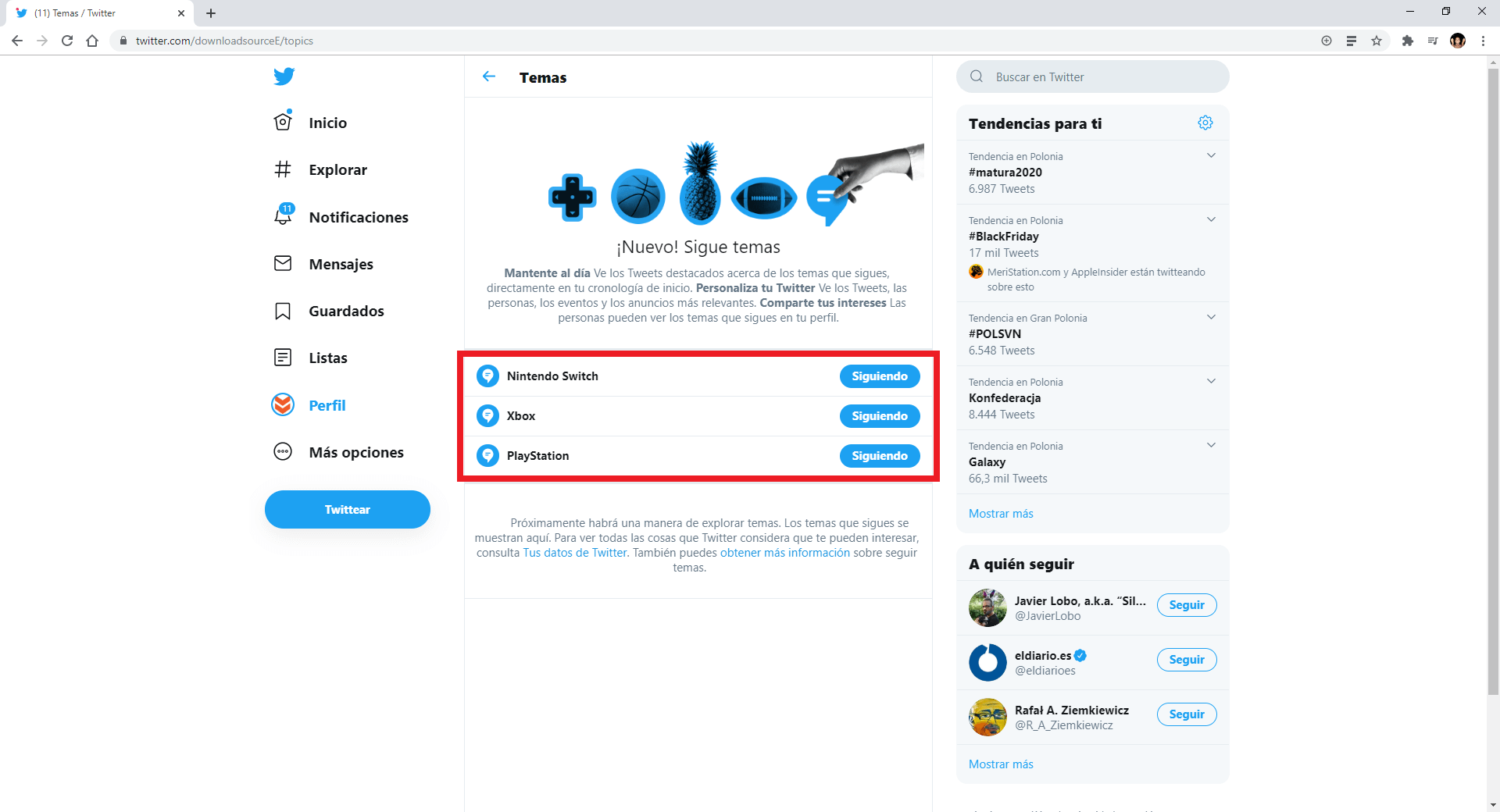 seguir temas en Twitter para ver tweets relacionados